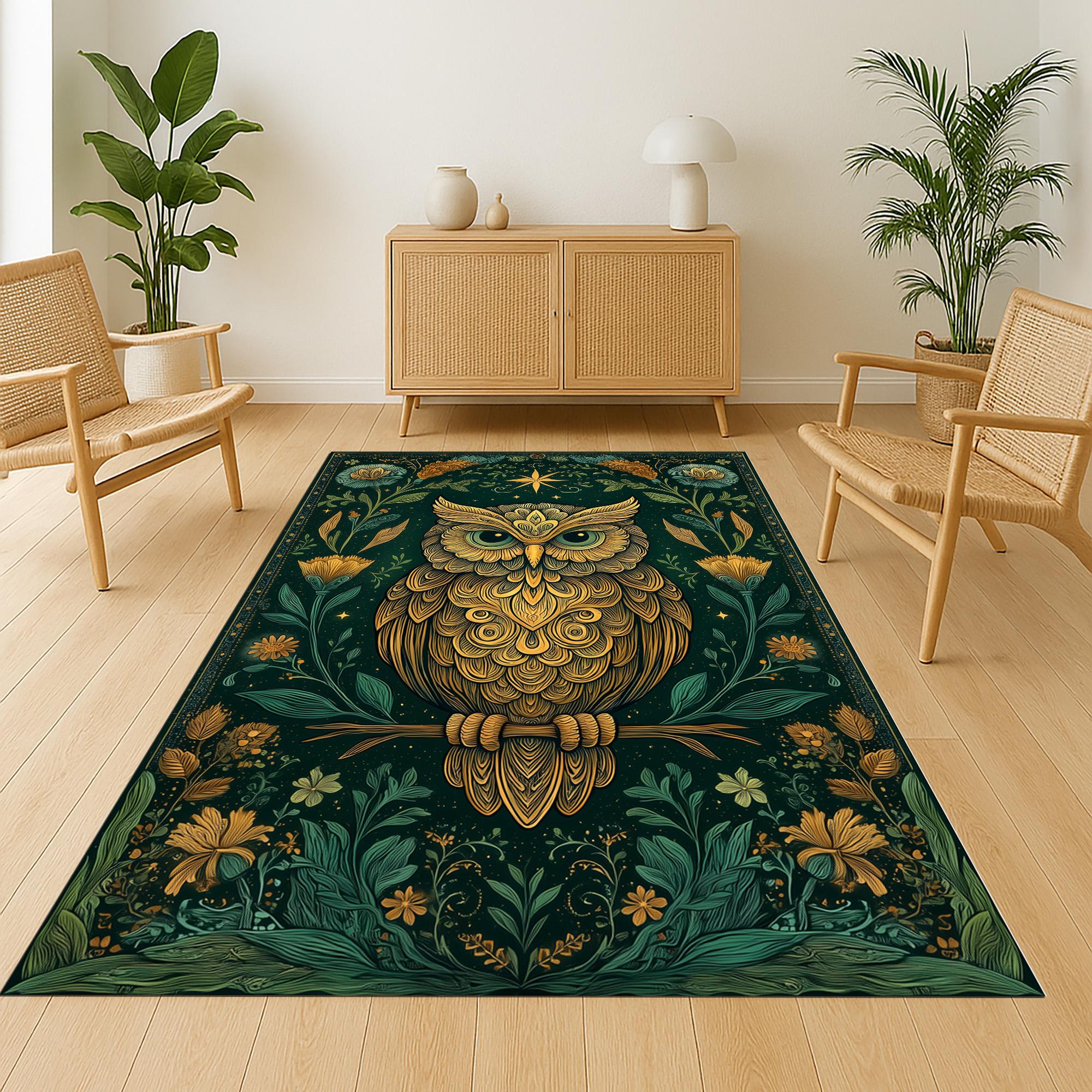 Golden Owl Rug: Mystical Botanical Decor Accent