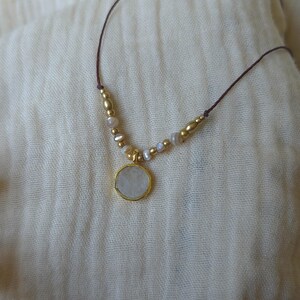 Round Moonstone Necklace | Natural White Gemstone Pendant with Shells | Gold Plated Handmade Boho Minimalstic Jewelry