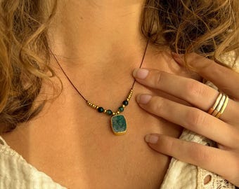 Raw Moss Agate Necklace | Natural Green Gemstone Pendant | Gold, Brass Boho Jewelry | Handmade Bohemian Necklace | Earthy Spiritual Gift Her