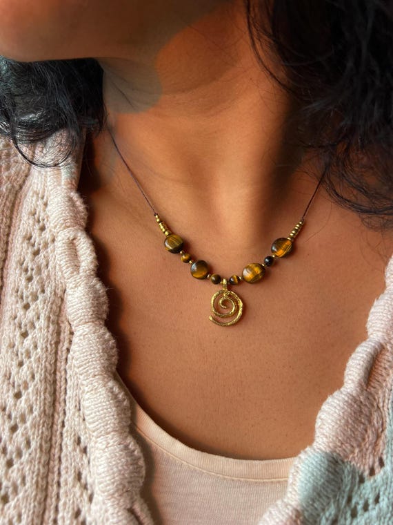 Spiral Tiger’s Eye Necklace | Handmade Brass Boho Gemstone Necklace | Bohemian Festival Jewelry