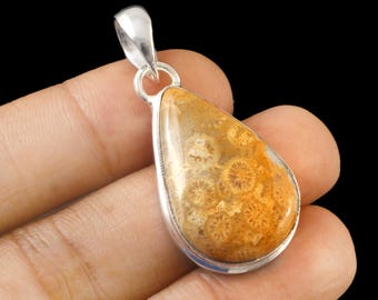 Colgante de plata con piedra preciosa de coral fósil natural hecho a mano: collar curativo de amor, regalo para ella