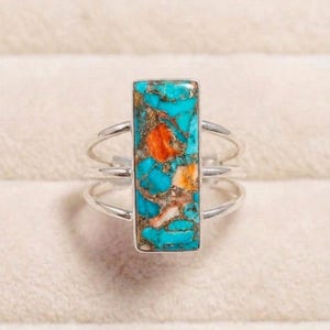 Sterling Silver Ring: Rectangular Oyster Copper Turquoise Gemstone