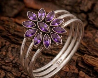 Anello con fiore di ametista, tripla fascia in argento sterling, gioiello floreale boho