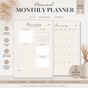 Peut inclure: Agenda mensuel minimaliste aux couleurs neutres. L'agenda comprend des sections pour les principales priorités, les listes de tâches, les rendez-vous et les rappels. Le design présente un calendrier pour janvier 2026 et est disponible en formats A4, A5 et US Letter.