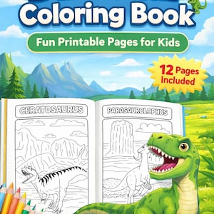 Peut inclure: Un livre de coloriage de dinosaures avec le titre "Dinosaur Coloring Book" en jaune et bleu. Le livre est ouvert pour montrer deux pages avec des illustrations de dinosaures, et un dinosaure vert est à droite. Le texte "Fun Printable Pages for Kids" est également visible.