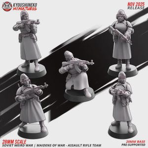 Può includere: Una collezione di cinque miniature grigie di soldati sovietici della serie "Maidens of War - Assault Rifle Team". Ogni figura è in posa con un fucile d'assalto. La base è di 20 mm e pre-supportata. La scala è di 28 mm. La data di uscita è novembre 2025.