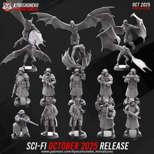 Könnte beinhalten: Eine Sammlung von Sci-Fi-Miniaturfiguren, darunter geflügelte Kreaturen und Soldaten in Gasmasken und Uniformen. Die Figuren befinden sich in verschiedenen Posen, einige halten Waffen. Der Text "SCI-FI OCTOBER 2025 RELEASE" ist zu sehen.