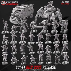 May include: A selection of grey sci-fi miniatures, featuring soldiers, armoured vehicles, and a spider-like tank. The miniatures are on circular bases. The text "JUL 2025 RELEASE" is visible. The miniatures are from Kyoushuneko Miniatures.