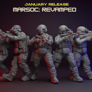 May include: A group of five gray military figures, each holding a rifle and wearing tactical gear, including helmets and vests. The figures are in a dynamic pose, as if in action. The text "JANUARY RELEASE MARSOC: REVAMPED" is displayed at the top.
