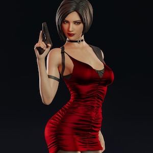 Op de afbeelding: Digitale kunst van een vrouw in een rode jurk die een zwart pistool vasthoudt. De vrouw heeft kort donker haar, een zwarte choker en een zwart harnas. De jurk is felrood, tegen een donkere achtergrond.