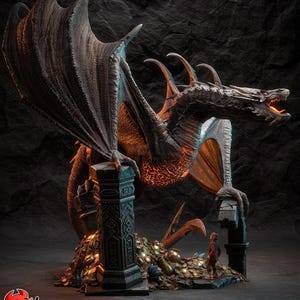 May include: A detailed sculpture of a dragon with large wings, perched atop a stone structure. The dragon is brown and orange, with intricate details. A small figure stands before the dragon, surrounded by gold coins. The background is a dark, textured surface.