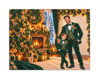 Holiday Father and Son Canvas|Personalized Family Christmas Portrait Canvas