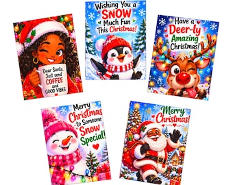 Christmas Holiday Greeting Cards 5-Pack | Santa Snowman Reindeer Penguin