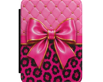 Funda para Kindle con lazo de leopardo rosa / Detalle de perlas acolchadas