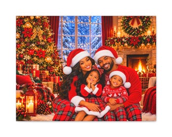 Family Christmas Portrait Canvas | Holiday Living Room Santa Hats Plaid