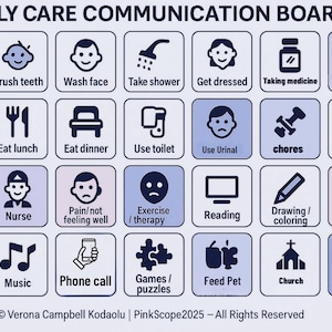May include: A daily care communication board featuring icons for daily routines. Icons depict activities like brushing teeth, eating dinner, and taking medicine. The board also includes the text "DAILY CARE COMMUNICATION BOARD".