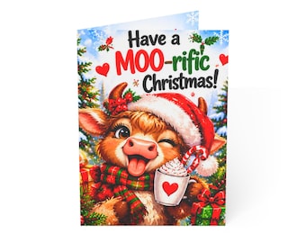 Tarjeta navideña de vaca caprichosa / Saludo navideño de granja / ¡Felices fiestas!