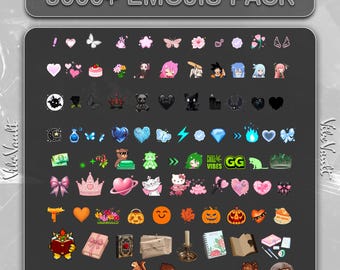 May include: A digital pack featuring over 3000 emojis, displayed on a dark gray background. The emojis include hearts, butterflies, flowers, and various cartoon characters. The text "3000+ EMOJIS PACK" is at the top.