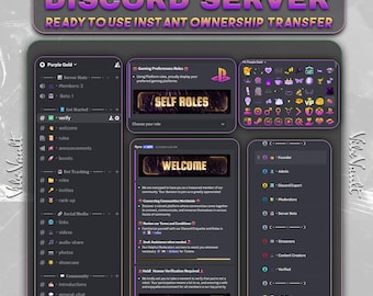 Server Discord completamente configurato, Purple Gold Gaming Community, server Discord preconfigurato con bot, ruoli, emoji e trasferimento di proprietà