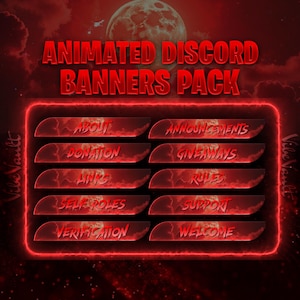 Op de afbeelding: Rood geanimeerd Discord banners pack met tekst als "About", "Announcements", "Donation", "Giveaways", "Links", "Rules", "Self Roles", "Support", "Verification" en "Welcome". De achtergrond toont een rode lucht en een volle maan.