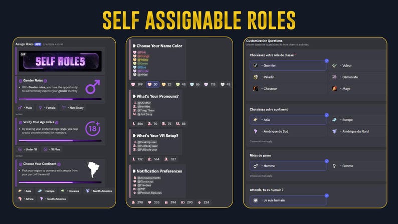 May include: A digital interface display titled SELF ASSIGNABLE ROLES featuring three dark-themed panels. The panels contain lists for gender, age, continent, name color, pronouns, VR setup, notification preferences, and class selection options.