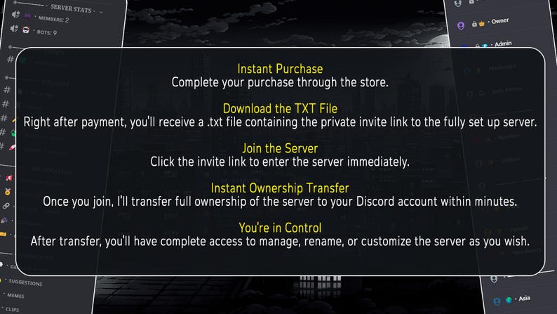 May include: A dark-themed Discord server setup guide with text instructions. The guide includes steps for instant purchase, downloading a TXT file, joining the server, instant ownership transfer, and control.