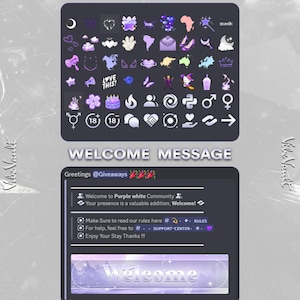 May include: Two dark gray digital displays with white and purple text. The top display reads "THEMED EMOJIS" and shows various emojis. The bottom display reads "WELCOME MESSAGE" and includes a welcome message and rules.