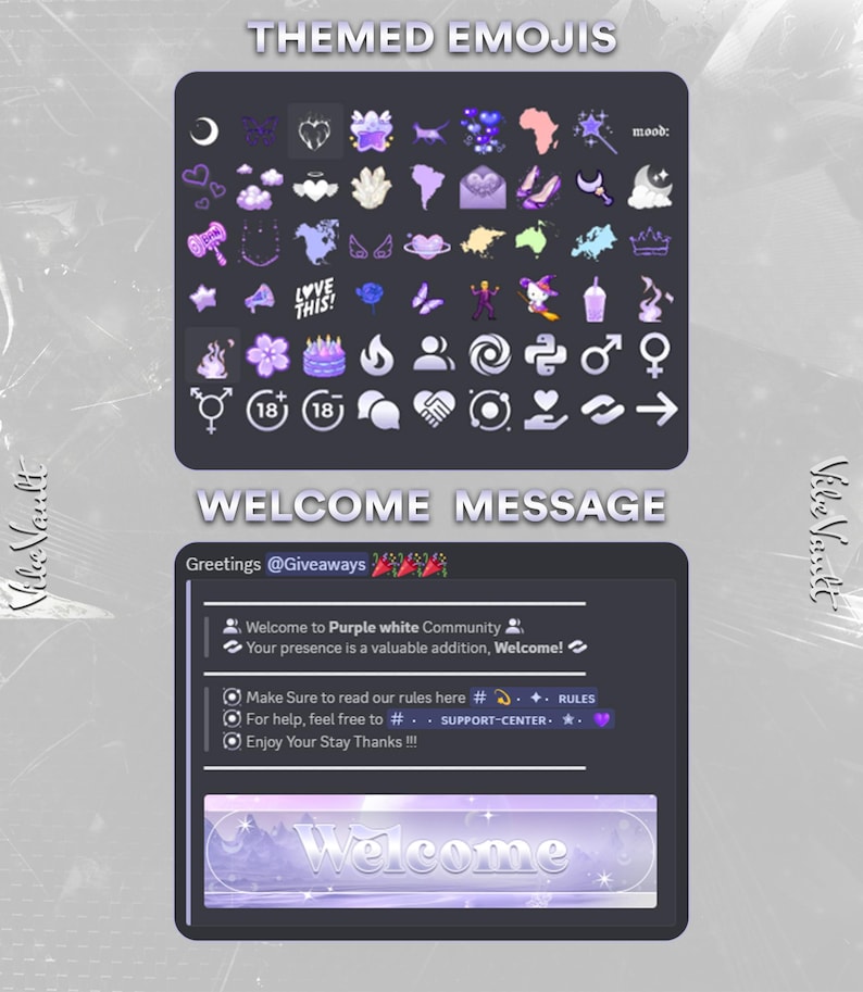 May include: Two dark gray digital displays with white and purple text. The top display reads "THEMED EMOJIS" and shows various emojis. The bottom display reads "WELCOME MESSAGE" and includes a welcome message and rules.