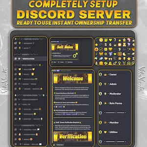 May include: A digital graphic showcasing a Discord server setup. The design features a dark background with gold accents, including text that reads "COMPLETELY SETUP DISCORD SERVER." Various server sections are displayed, such as "Self Roles" and "Verification."