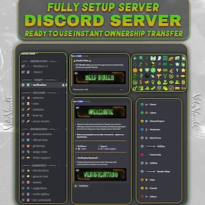 May include: A digital display of a Discord server layout featuring the text FULLY SETUP SERVER DISCORD SERVER READY TO USE INSTANT OWNERSHIP TRANSFER. The interface includes channel lists, role assignment menus, and various green-themed icons.