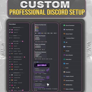 May include: A digital graphic display titled CUSTOM PROFESSIONAL DISCORD SETUP featuring three vertical panels. The layout includes text-based channel lists, role selection menus, and member status icons in a dark theme with pink and white accents.