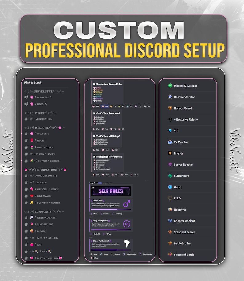 May include: A digital graphic display titled CUSTOM PROFESSIONAL DISCORD SETUP featuring three vertical panels. The layout includes text-based channel lists, role selection menus, and member status icons in a dark theme with pink and white accents.