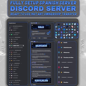 Può includere: Una grafica grigio scuro con il testo "FULLY SETUP SPANISH SERVER DISCORD SERVER READY TO USE INSTANT OWNERSHIP TRANSFER." L'immagine contiene anche elementi dell'interfaccia del server Discord, inclusi ruoli e messaggi di benvenuto.