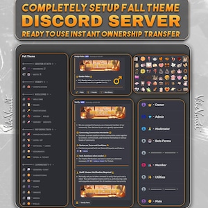 May include: A dark grey Discord server interface with a fall theme, featuring orange text and graphics. The interface includes sections for server stats, verification, welcome messages, and community features. Text reads "COMPLETELY SETUP FALL THEME DISCORD SERVER".
