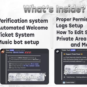 Puede incluir: Un gr&aacute;fico digital que muestra las funciones del servidor Discord, incluyendo verificaci&oacute;n, bienvenida y sistemas de tickets. La imagen destaca las opciones de configuraci&oacute;n del servidor, con texto y elementos de interfaz.