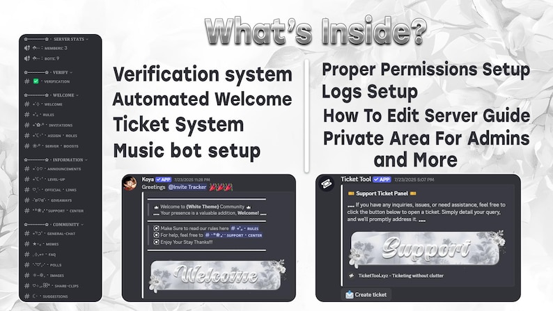 Puede incluir: Un gr&aacute;fico digital que muestra las funciones del servidor Discord, incluyendo verificaci&oacute;n, bienvenida y sistemas de tickets. La imagen destaca las opciones de configuraci&oacute;n del servidor, con texto y elementos de interfaz.