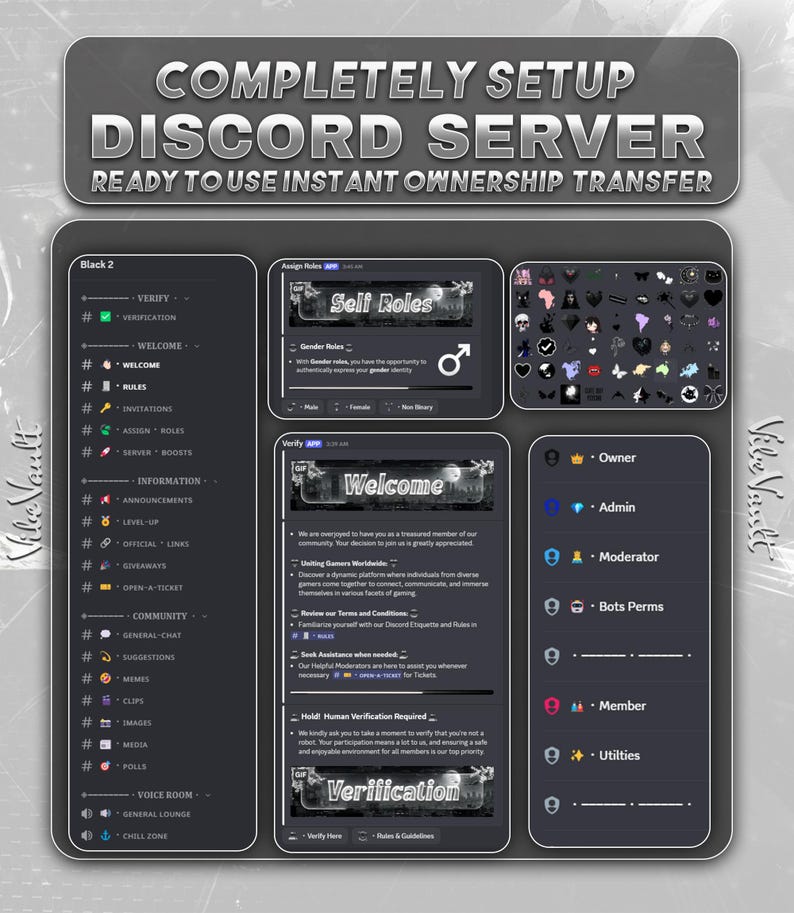 May include: A digital graphic promoting a Discord server setup. The image features a dark gray interface with text that reads "COMPLETELY SETUP DISCORD SERVER." Sections include "Self Roles," "Welcome," and "Verification," with user role icons.