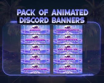 May include: A pack of animated Discord banners with a tropical theme. Each banner features a beach scene with palm trees and text such as "About," "Announcements," and "Welcome." The banners are in shades of blue, purple, and pink.