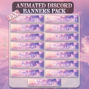 Peut inclure: Un pack de bannières Discord animées avec un design de ciel pastel. Les bannières sont étiquetées avec diverses catégories de serveur Discord, notamment "Server Info", "Announcements", "About" et "Boosters". Le texte "Animated Discord Banners Pack" est en haut.