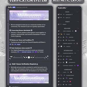 May include: Two dark gray mobile device screens displaying a verification system and aesthetic layout. The left screen shows a welcome message and verification steps. The right screen features stats, verify options, and community information.