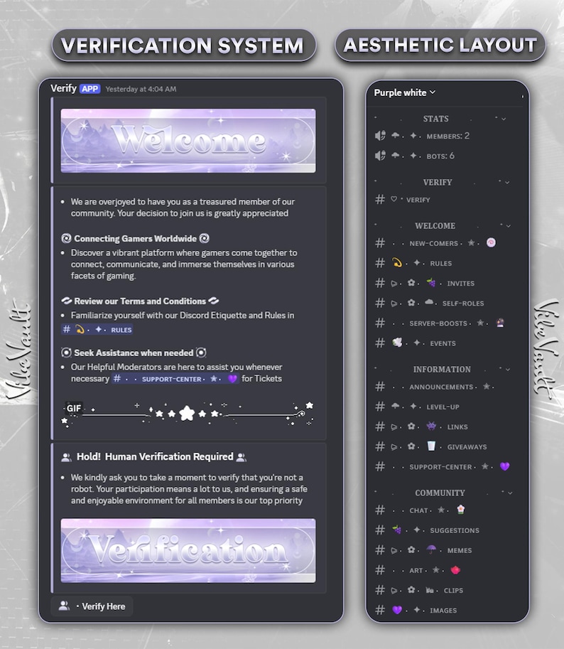 May include: Two dark gray mobile device screens displaying a verification system and aesthetic layout. The left screen shows a welcome message and verification steps. The right screen features stats, verify options, and community information.