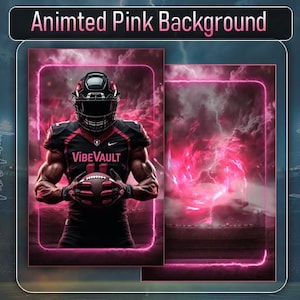 May include: An image with the text "Animted Pink Background" at the top. The image features a football player in a black and pink uniform holding a football. The background is a pink and purple animated design with the text "VibeVault".