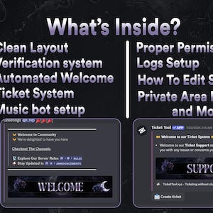 May include: A dark theme Discord server setup guide. The image displays a list of features, including a clean layout, ticket system, and music bot setup. Additional features include proper permissions setup and a private area for admins. The image also shows welcome and support screens.