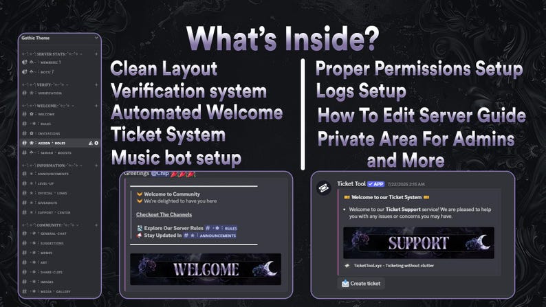 May include: A dark theme Discord server setup guide. The image displays a list of features, including a clean layout, ticket system, and music bot setup. Additional features include proper permissions setup and a private area for admins. The image also shows welcome and support screens.