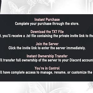 Puede incluir: Un gr&aacute;fico gris oscuro con texto blanco que detalla los pasos para una compra instant&aacute;nea. Los pasos incluyen completar la compra, descargar un archivo .txt, unirse al servidor y la transferencia instant&aacute;nea de propiedad.