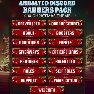 May include: Animated Discord banners pack with a Christmas theme. The image features red banners with white text, including "Server Info," "Announcements," and "Welcome." Each banner is decorated with festive elements like ornaments and greenery.