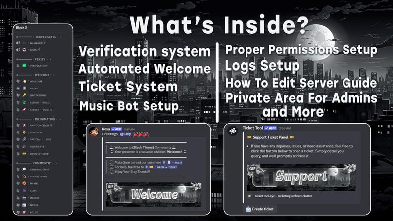 May include: A dark, stylized graphic with text about server features, including verification, ticket systems, and music bot setup. The image also shows a welcome message and a support ticket panel, all set against a cityscape background.
