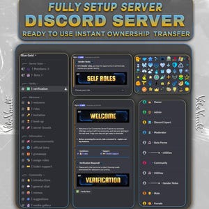 May include: A digital display of a Discord server layout featuring a channel list, role assignments, and custom banners. The text reads FULLY SETUP SERVER DISCORD SERVER READY TO USE INSTANT OWNERSHIP TRANSFER, SELF ROLES, WELCOME, and VERIFICATION.
