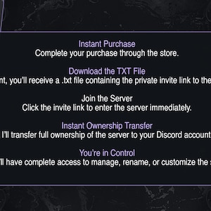 May include: A dark purple graphic with white text detailing the steps for an instant purchase, including downloading a .txt file, joining a server, and ownership transfer. The text is set against a dark background.