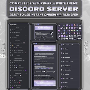 Könnte beinhalten: Eine digitale Grafik mit lila und weißem Thema, die ein Discord-Server-Setup bewirbt. Der Text lautet "COMPLETELY SETUP PURPLE WHITE THEME DISCORD SERVER READY TO USE INSTANT OWNERSHIP TRANSFER."